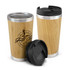 A bamboo double wall cup with a stainless steel rim and a black lid, featuring a logo.