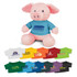 A pink pig plush toy wearing a blue shirt. Various colourful shirts in different hues are displayed below.