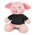 A pink pig plush toy wearing a black shirt, featuring soft fur and a friendly expression. It has round black eyes.