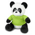 A plush panda toy with a black and white body, wearing a bright green T-shirt. It has a friendly expression and a logo on its shirt.