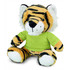 A plush toy of a tiger in a green shirt, featuring orange and black stripes and a white snout. It has a branding logo.
