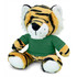 A plush tiger toy with orange and black stripes, featuring a green T-shirt and soft white paws.