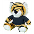 A plush toy tiger with orange and black stripes, wearing a black shirt and sitting upright.