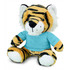 A plush tiger toy with orange and black stripes, wearing a light blue shirt, featuring a cheerful expression.