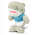 A grey shark plush toy wearing a light blue shirt, featuring a friendly expression and soft texture.