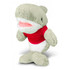 A plush shark toy in light grey and white, wearing a red shirt, with a cute smiling face.