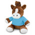 A brown horse plush toy wearing a blue shirt, featuring white hooves and a tufted mane. It has a friendly expression and a logo.