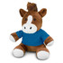 A brown horse plush toy with a blue shirt, featuring a white snout and paws, sitting upright.
