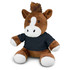 A brown horse plush toy with a white snout and hooves, wearing a black t-shirt.