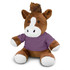 A brown horse plush toy with a white face and paws, wearing a purple shirt, sitting down.