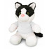 A black and white cat plush toy with green eyes, wearing a plain grey shirt. It has soft, fluffy textures.