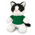 A plush cat toy with black and white fur, wearing a green shirt and featuring bright green eyes.