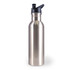 A drink bottle in stainless steel with a black spout and cap, featuring a simple design and a logo.