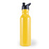 A drink bottle in bright yellow with a black spout and a sleek design. It features a logo.