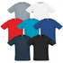 A set of sporty men's t-shirts in grey, white, red, teal, blue, navy, and black, each featuring a logo.
