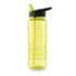 A drink bottle in bright yellow with a black lid and straw, featuring a textured grip design and a logo.