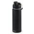 A drink bottle in matte black with a screw-top lid and a metal clip. Features a logo on its side.