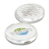 A round, transparent hand soap travel case with a green logo, featuring a list of directions and ingredients on one side.