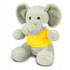 A grey elephant plush toy wearing a yellow shirt, featuring large ears and a soft body. It has a logo on its shirt.