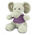 A soft, light grey elephant plush toy wearing a purple shirt, featuring large ears and a friendly expression.