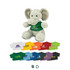 A grey elephant plush toy wearing a green shirt, surrounded by various T-shirts in different colours.