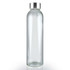 A drink bottle with a clear glass body and a stainless steel lid, featuring a sleek, minimalist design.