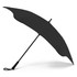A black umbrella with a curved design and a straight handle, featuring a logo on the shaft.