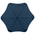 A navy blue umbrella with a star-shaped design and a central hub. It features a branding logo.