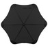 A black umbrella with a unique star-shaped design and a central handle, featuring branding on the top.