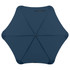 A dark blue umbrella with a unique hexagonal shape and a central opening. It includes a branding logo.