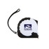 A white and black retracting tape measure with a logo, featuring a wrist strap for easy carrying.