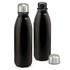 A drink bottle in black with a silver, rounded cap, featuring a logo on the body.