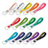 A collection of silicone key rings in various colours, featuring embossed designs and attached metal key rings.