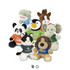 A collection of assorted plush toys in various colours, including a panda, penguin, elephant, and dog, each wearing branded shirts.