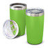 A drink bottle and a tumbler in vibrant green, featuring stainless steel accents and clear lids.