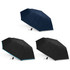 Three umbrellas in navy and black, featuring a sleek design and compact size, with one displaying a logo.