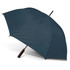 A dark blue umbrella with a wooden handle and a logo on the fabric.