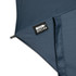 A dark blue umbrella with fabric made from recycled materials and a logo tag.