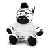 A plush zebra toy with black and white stripes, wearing a white shirt and featuring a tuft of fur on its head.