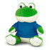 A green frog plush toy wearing a blue shirt, featuring large eyes and a soft texture, with a branding logo visible.