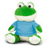A green frog plush toy wearing a blue shirt, featuring large eyes and a soft, plush body.