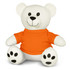 A white plush bear wearing an orange shirt, featuring black facial details and paw prints.