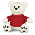A white plush bear with a red shirt and black paws, featuring a friendly face and a logo on the shirt.