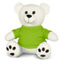A white cotton bear plush toy wearing a bright green shirt, featuring black facial details and paw prints.