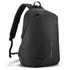 A black soft backpack with padded straps and a logo, featuring a sleek, minimalist design.