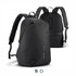 A black backpack with a minimalist design, featuring adjustable straps and a sleek shape. It has a logo on it.