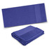 A folded blue towel with a smooth texture and a strip detail, along with a flat view of the same towel.