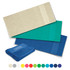 A set of bath towels in various colours: cream, teal, and dark blue, with one towel featuring a logo.