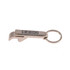 A drink bottle opener keytag in silver with a circular keyring and a logo.