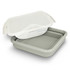 A collapsible lunch box in grey and white, featuring a lid and a compact design for easy storage.